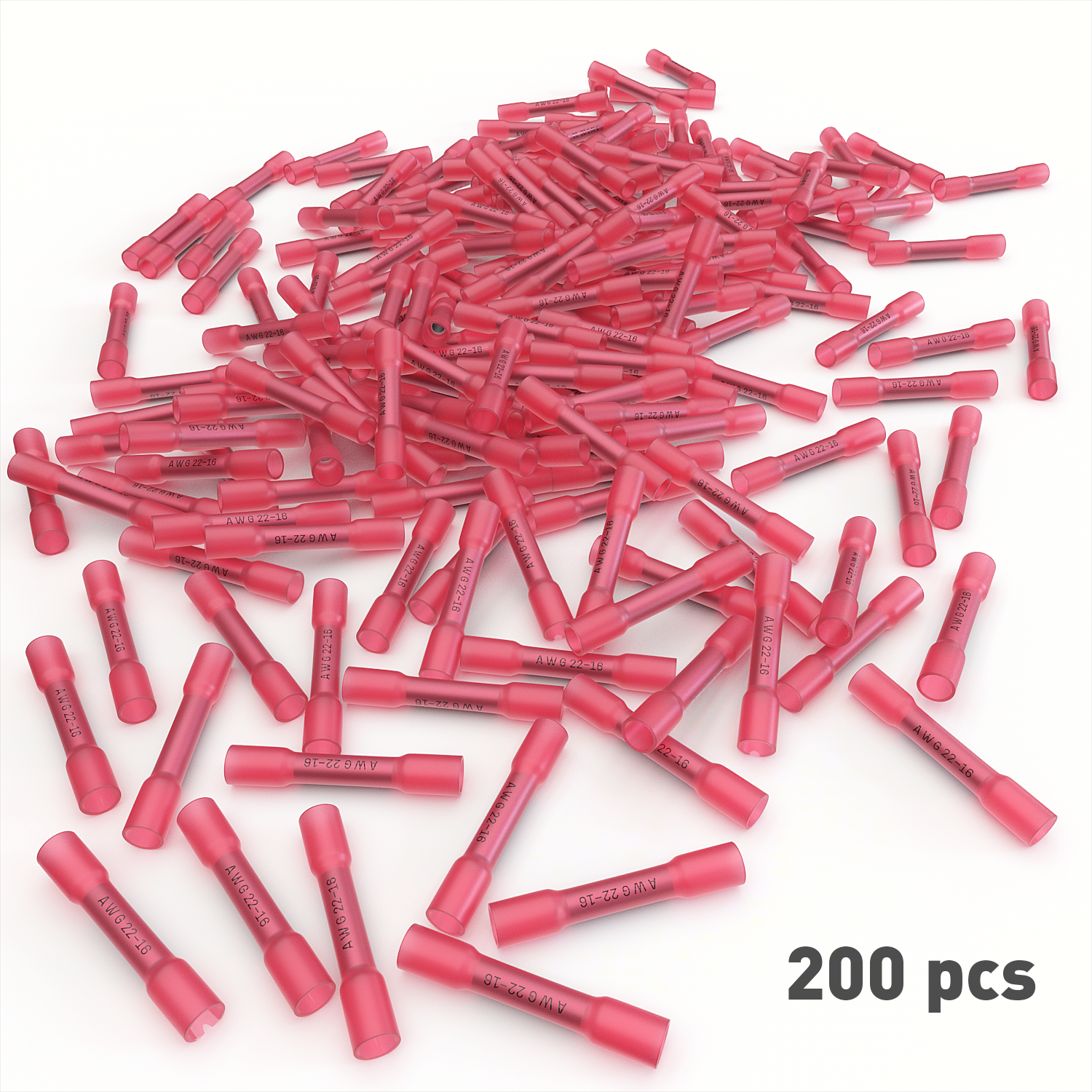 200 PC 22-16 Gauge Red Heat Shrink Butt Crimp Connectors